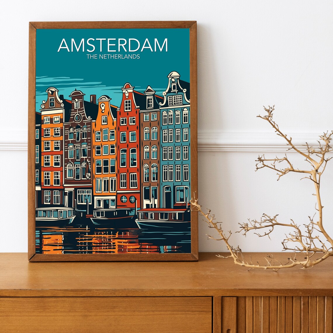 Amsterdam Netherlands Canal Houses Boats Vintage Travel Poster