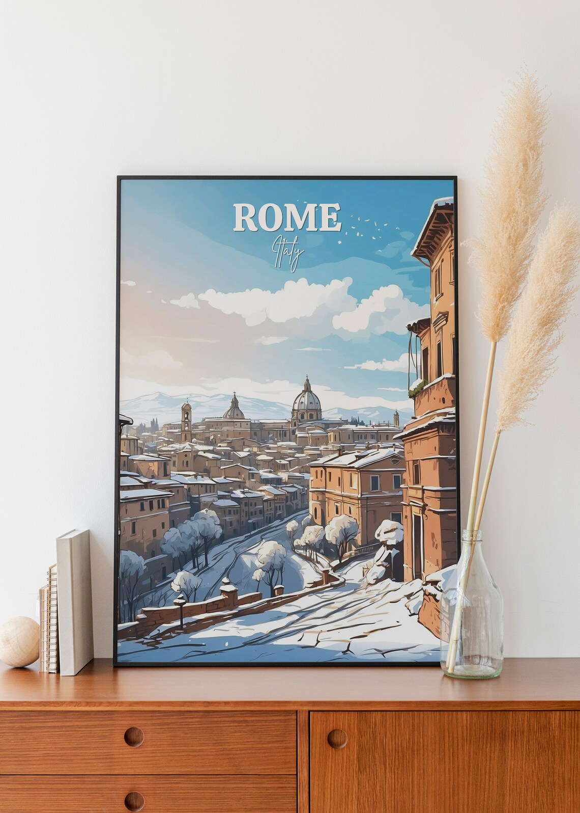 Rome Italy Snowy Rooftops Winter City Travel Scene Art Poster Decor - Image 2