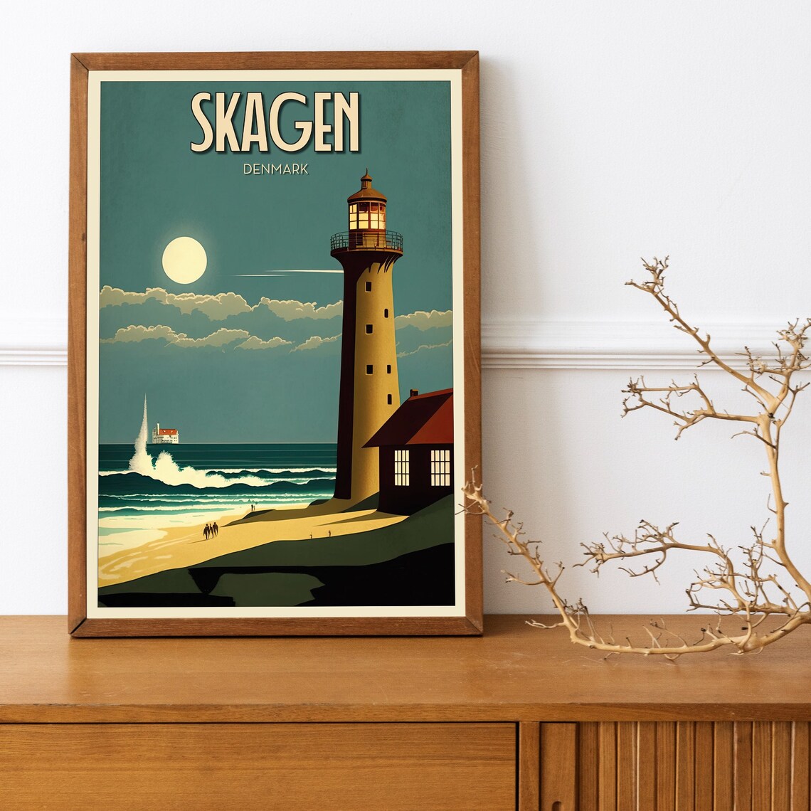 Skagen Denmark Lighthouse Moonlit Beach Vintage Travel Poster