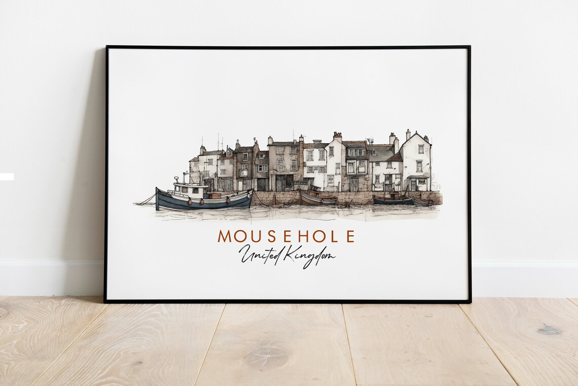 Mousehole United Kingdom Fishing Harbor Boats Ink Art Poster
