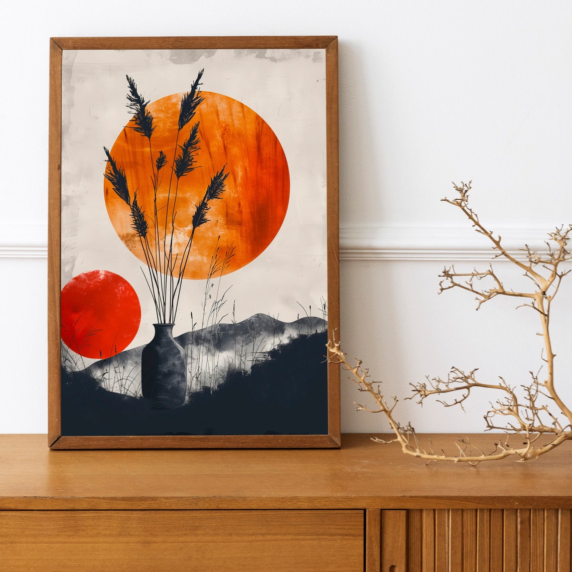 Burnt Orange Sun Pampas Grass Silhouette Japandi Nature Art Print - Image 3