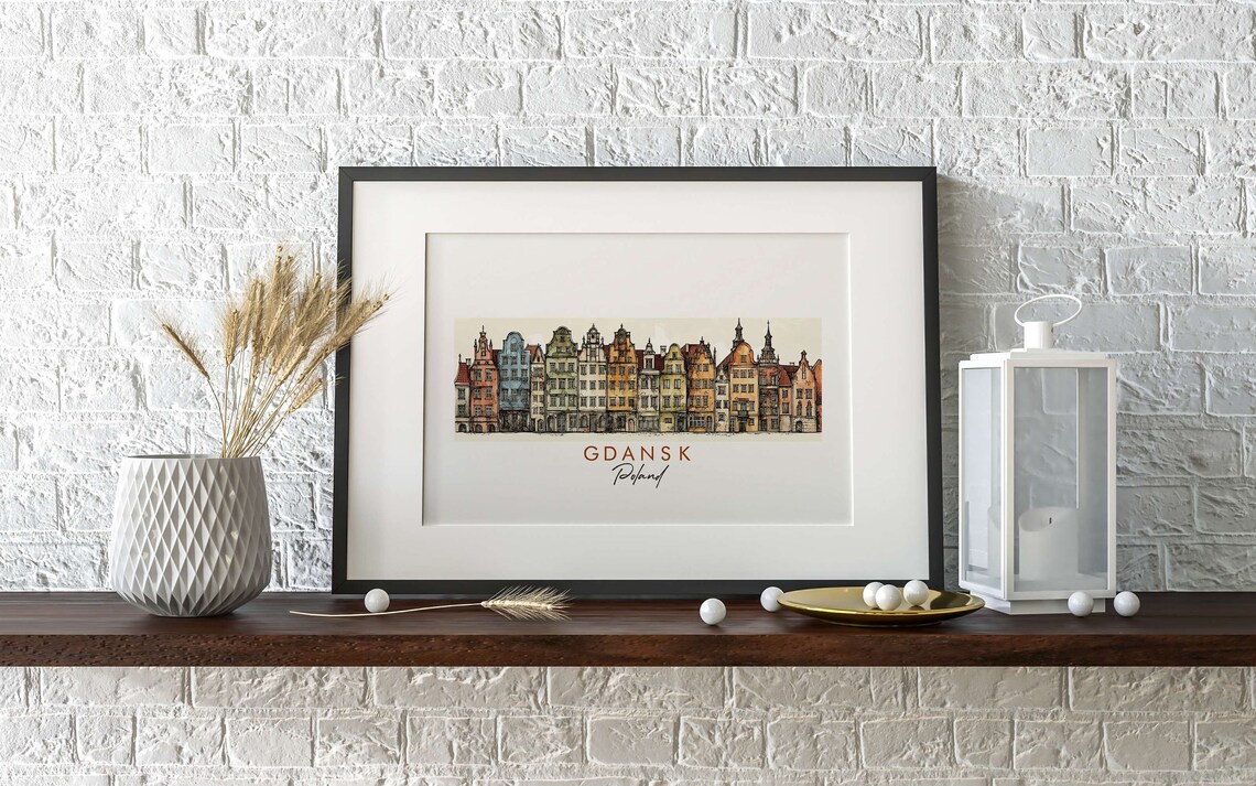 Gdansk Poland Colorful Old Town Houses Ink Sketch Art Poster - Image 2