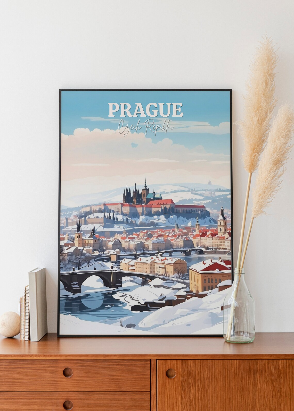 Prague Czech Republic Snowy Castle Winter City Travel Scene Art Poster - Image 2