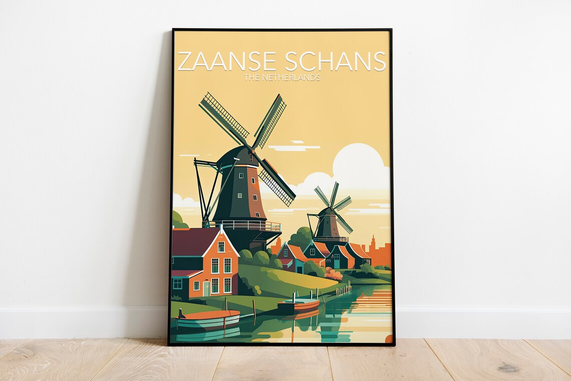 Zaanse Schans Windmills Netherlands Village Vintage Travel Art Poster
