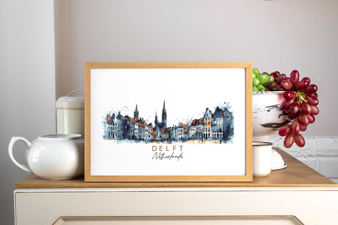 Delft Netherlands Canal Gabled Houses Ink Watercolor Travel Poster - Image 3