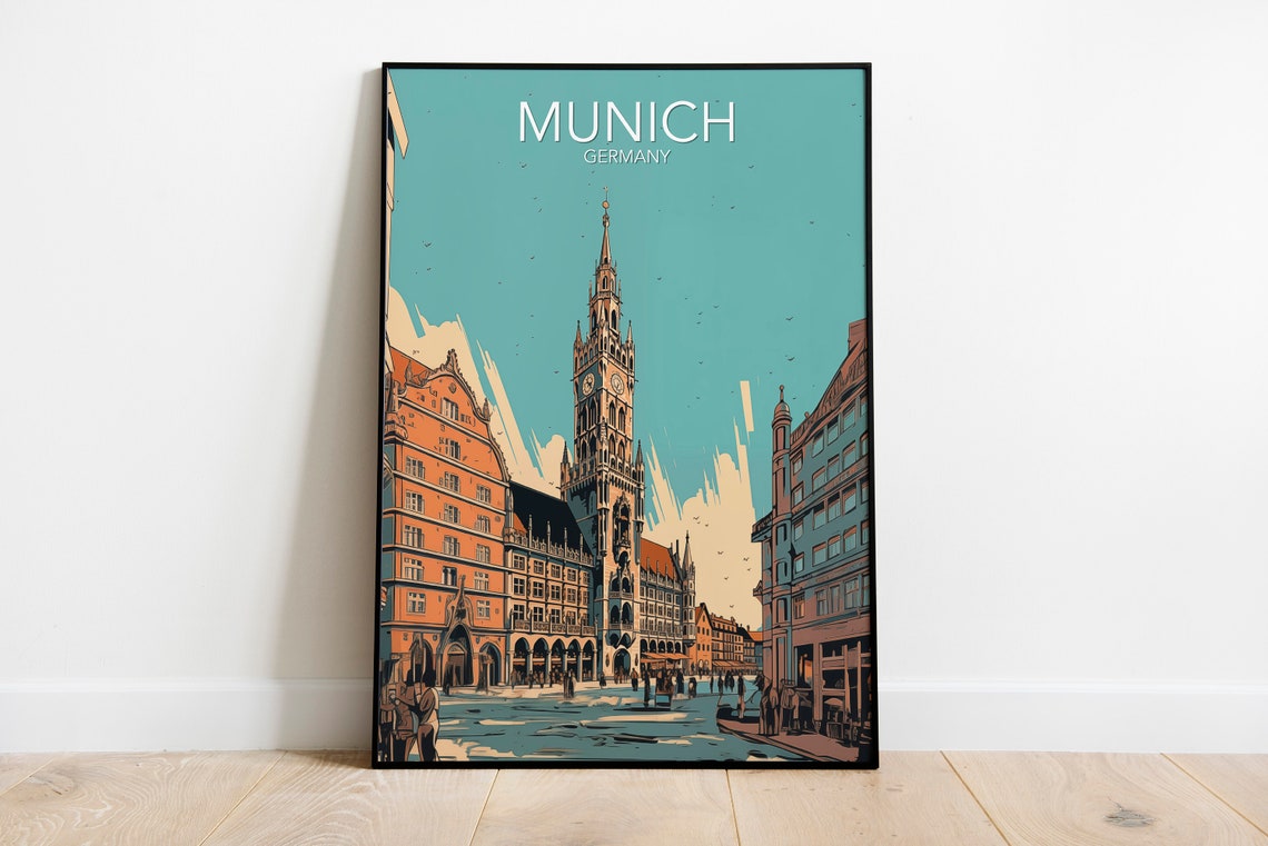 Munich Germany Marienplatz Clock Tower Street Scene Art Poster
