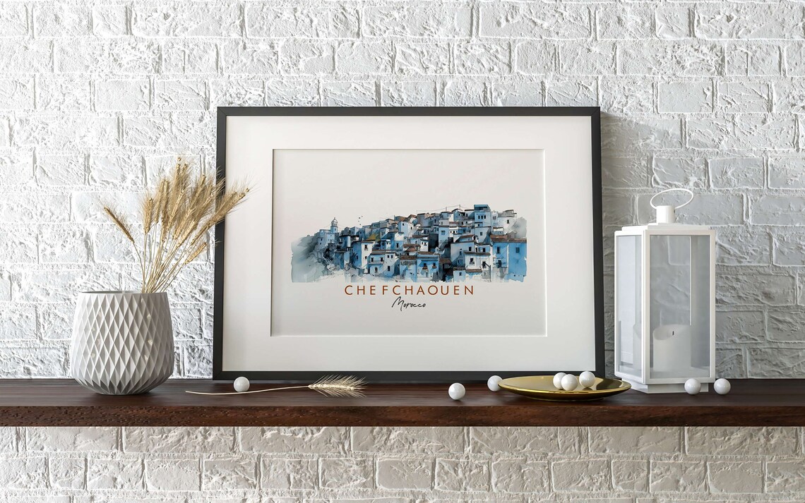 Chefchaouen Morocco Blue City Medina Watercolor Ink Art Poster - Image 2