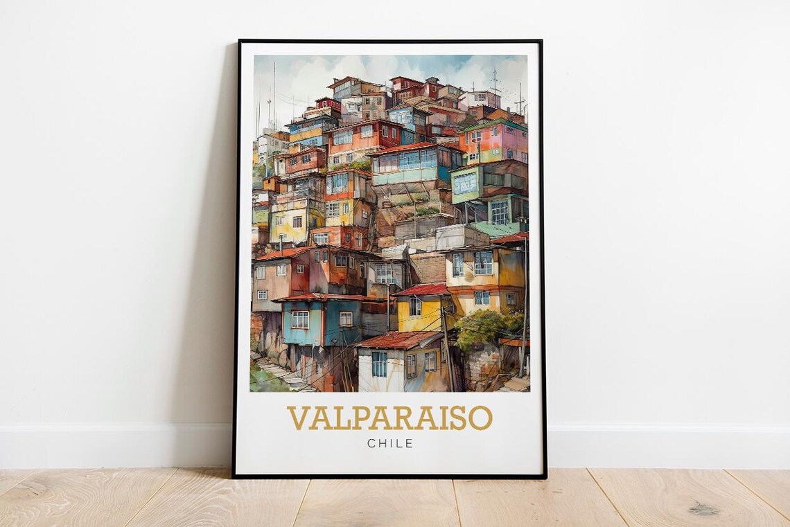 Valparaiso Chile Colorful Hillside Houses Watercolor Travel Poster