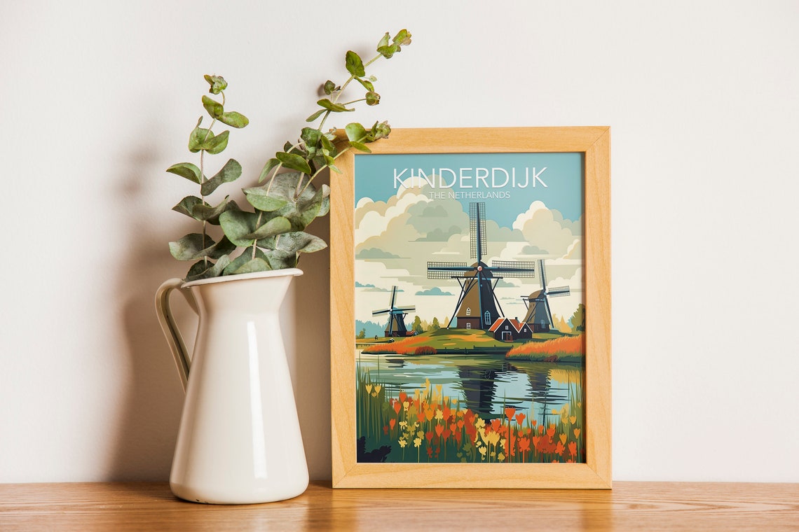 Kinderdijk Windmills Tulip Fields Netherlands Vintage Travel Poster - Image 2