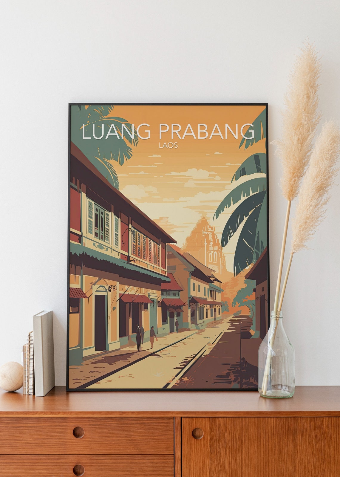 Luang Prabang Laos Colonial Street Sunset Modern Travel Poster - Image 2
