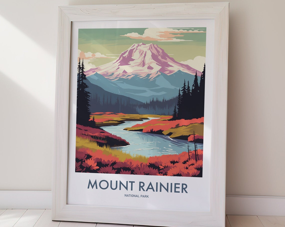 Mount Rainier National Park Vintage Volcano Meadow River Poster - Image 2