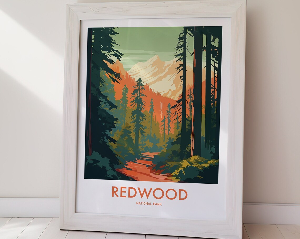 Redwood National Park Vintage Forest Trail Snowy Peak Trees Poster - Image 2