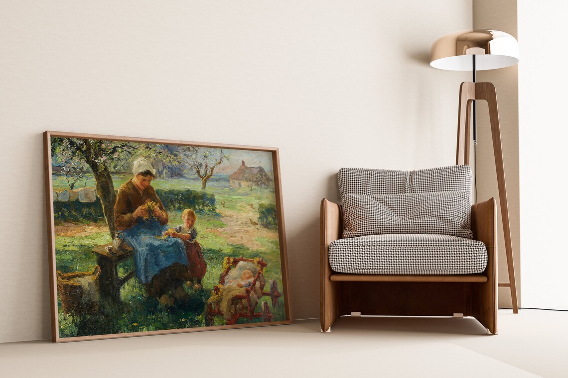 Vintage Farmhouse Oil Painting Print Lady With Child Baby Classic Rustic Wall Art Garden Bench Scene Countryside Art Print Home Dcor - Image 2