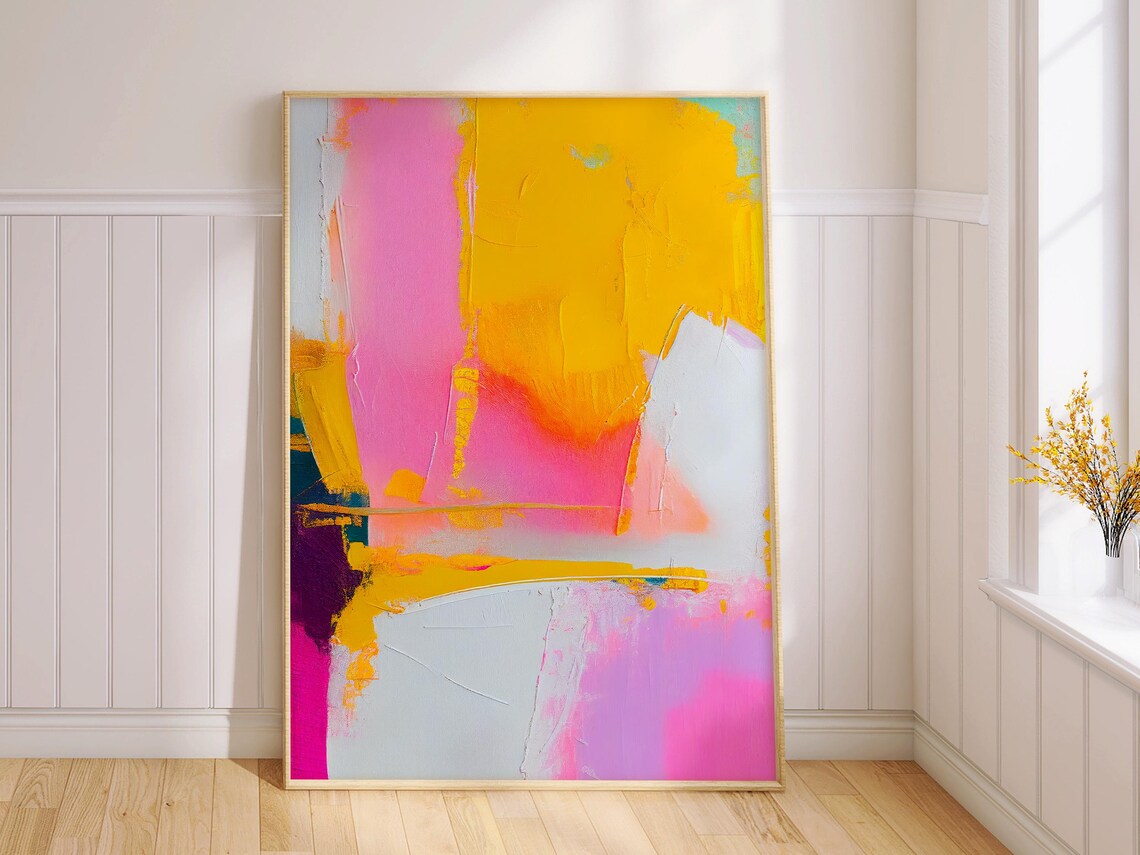 Sunrise Pink Golden Yellow White Brushstroke Abstract Painting Poster - Image 2
