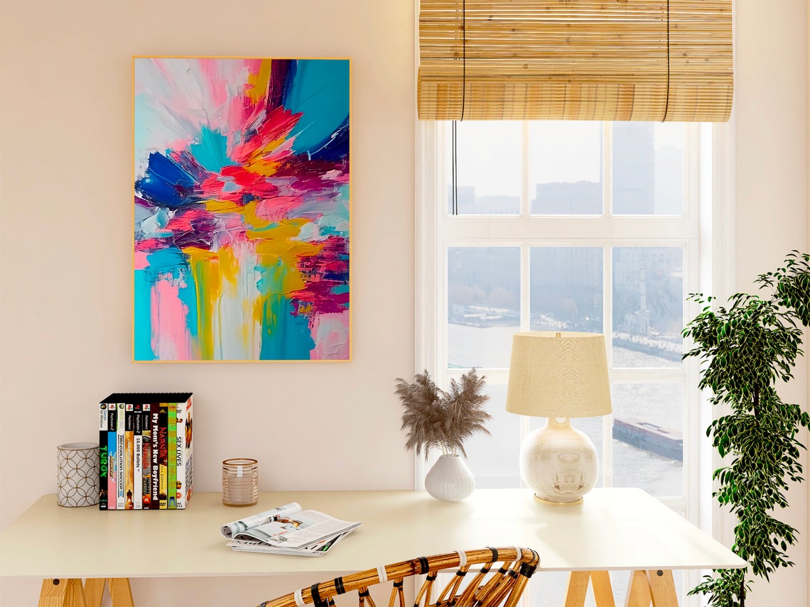 Hot Pink and Teal Impasto Brushstroke Abstract Modern Poster - Image 3