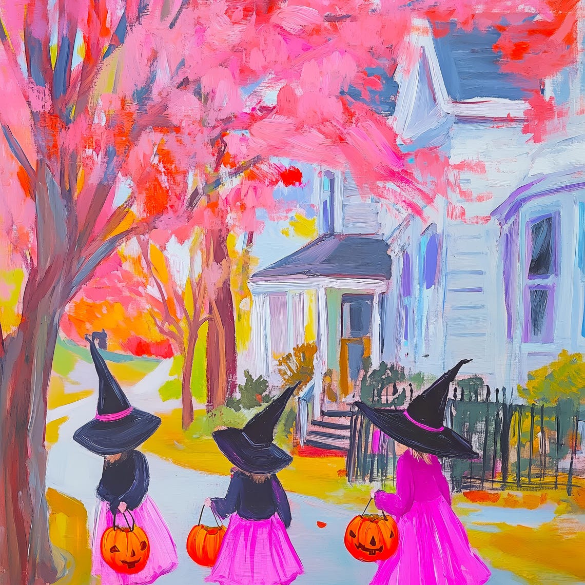 Three Little Witches Trick or Treating Cute Halloween Night Wall Art - Image 3