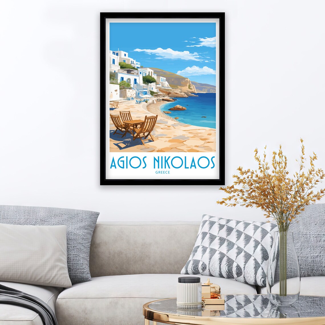 Agios Nikolaos Greece Sunny Beach Taverna Hillside Travel Poster - Image 3