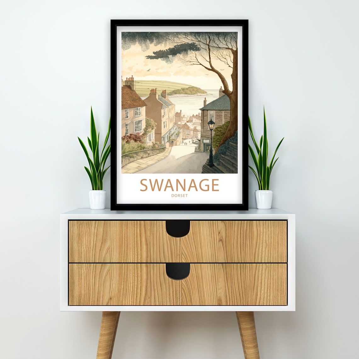 Swanage Dorset Hillside Street Harbor View Watercolor Art Poster - Image 2