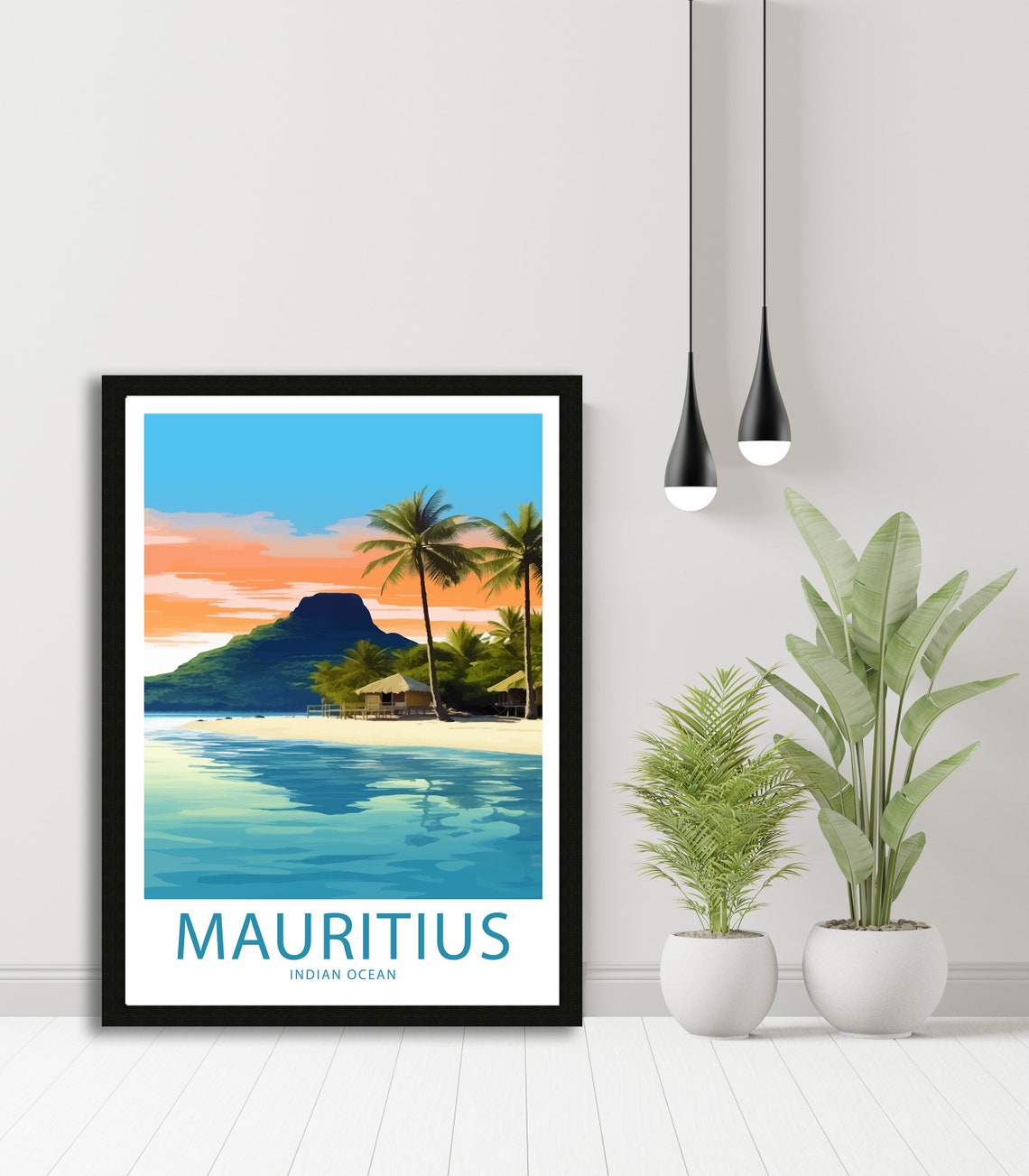 Mauritius Indian Ocean Palm Beach Mountain Illustrated Travel Poster - Image 5