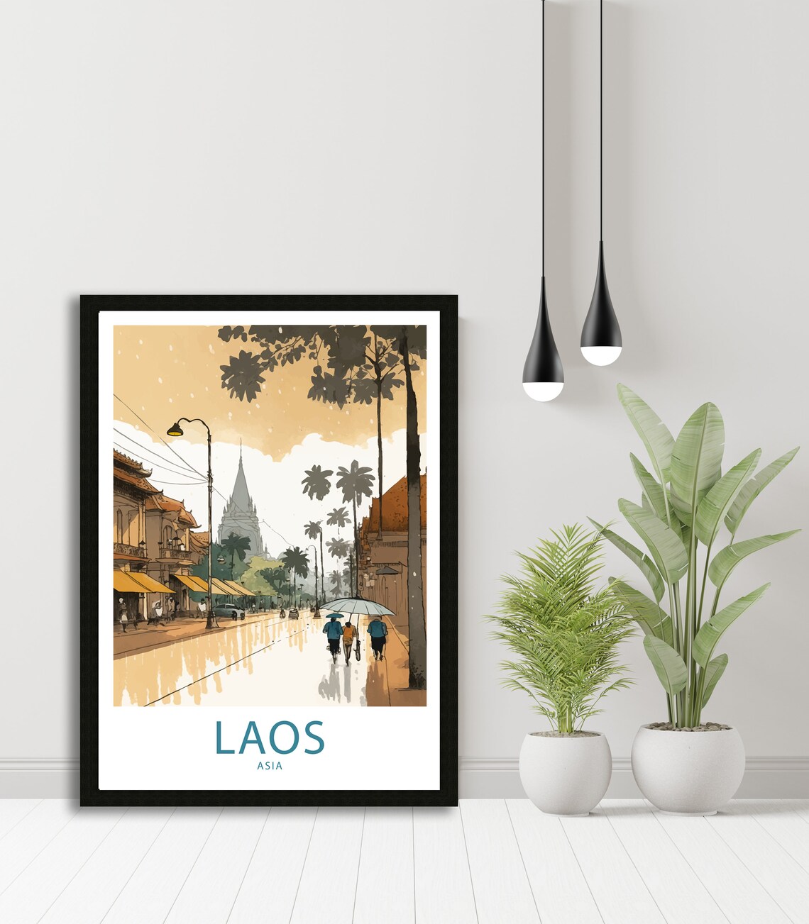 Laos Asia Temple Street Rainy Day Umbrellas Watercolor Art Poster - Image 5