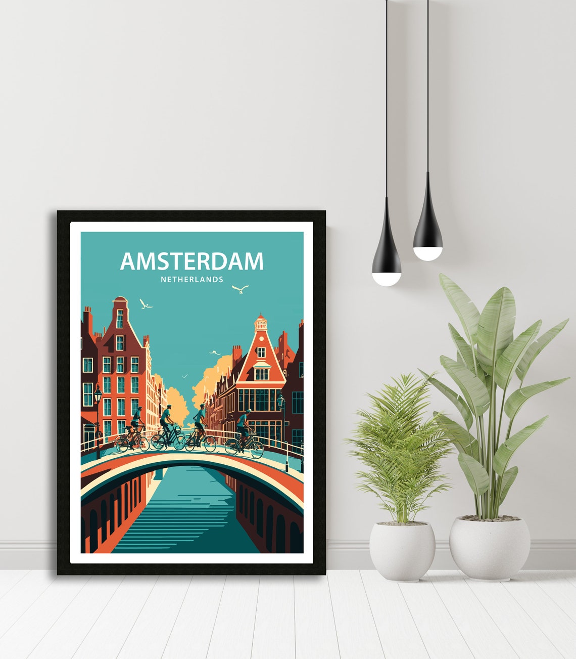 Amsterdam Netherlands Canal Bridge Cyclists Retro Travel Poster - Image 4