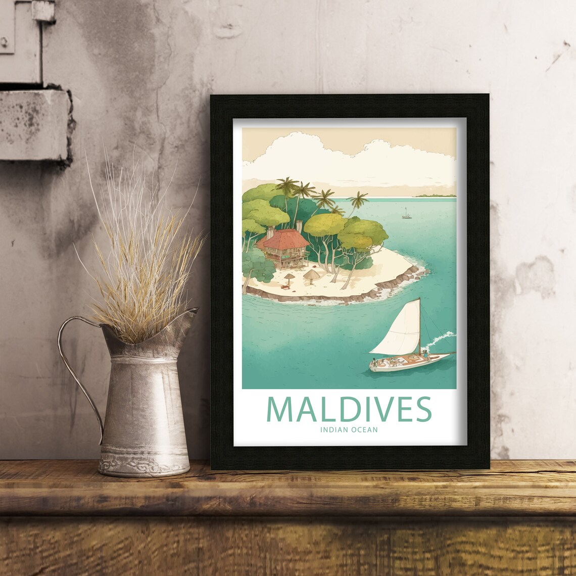 Maldives Indian Ocean Island Aerial Sailboat Beach House Escape Poster - Image 4