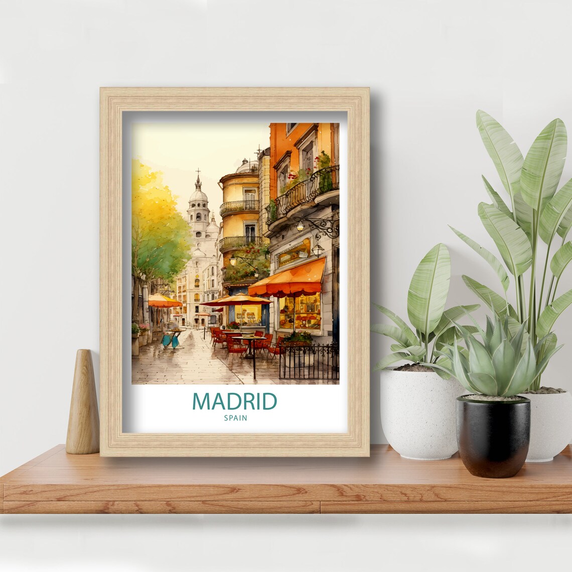 Madrid Spain Watercolor Cafe Street with Church Spire Art Poster