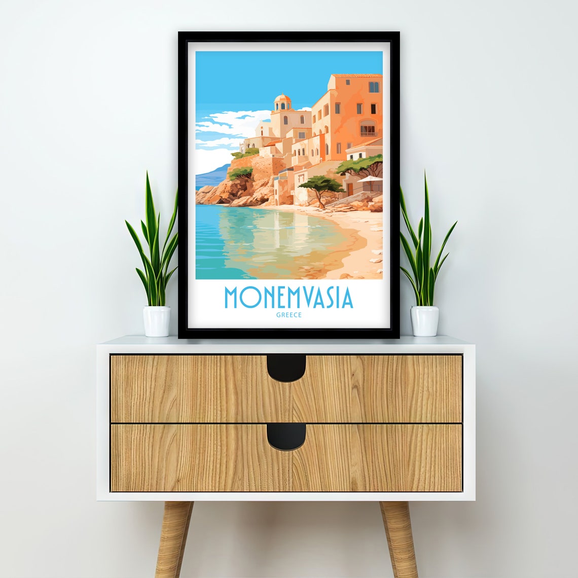 Monemvasia Greece Medieval Coastal Cliff Town Sea Cove Travel Poster - Image 2