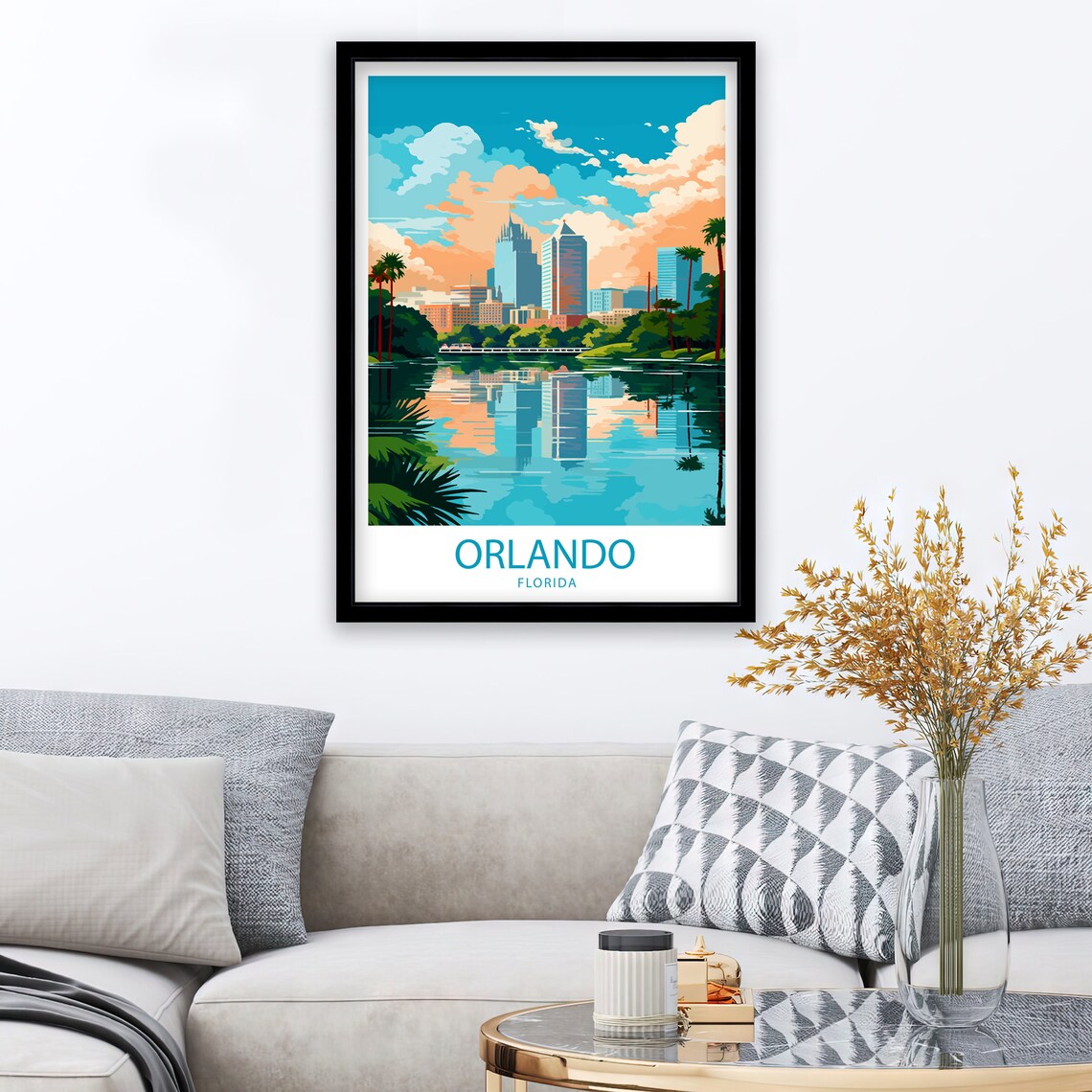 Orlando Florida Sunset Skyline Palm Lake Reflection Travel Poster - Image 2