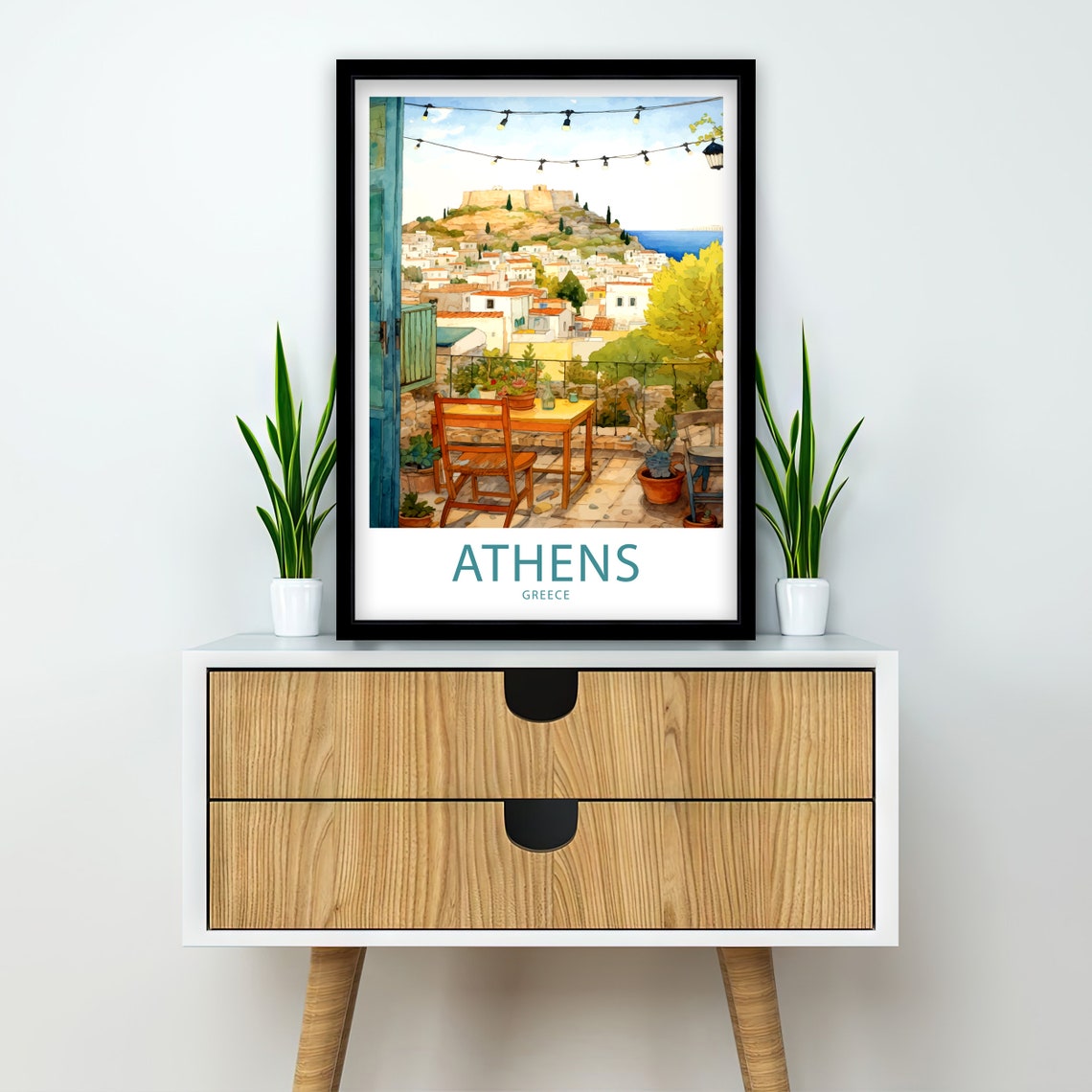 Athens Greece Terrace View Acropolis Old Town Watercolor Art Poster - Image 2