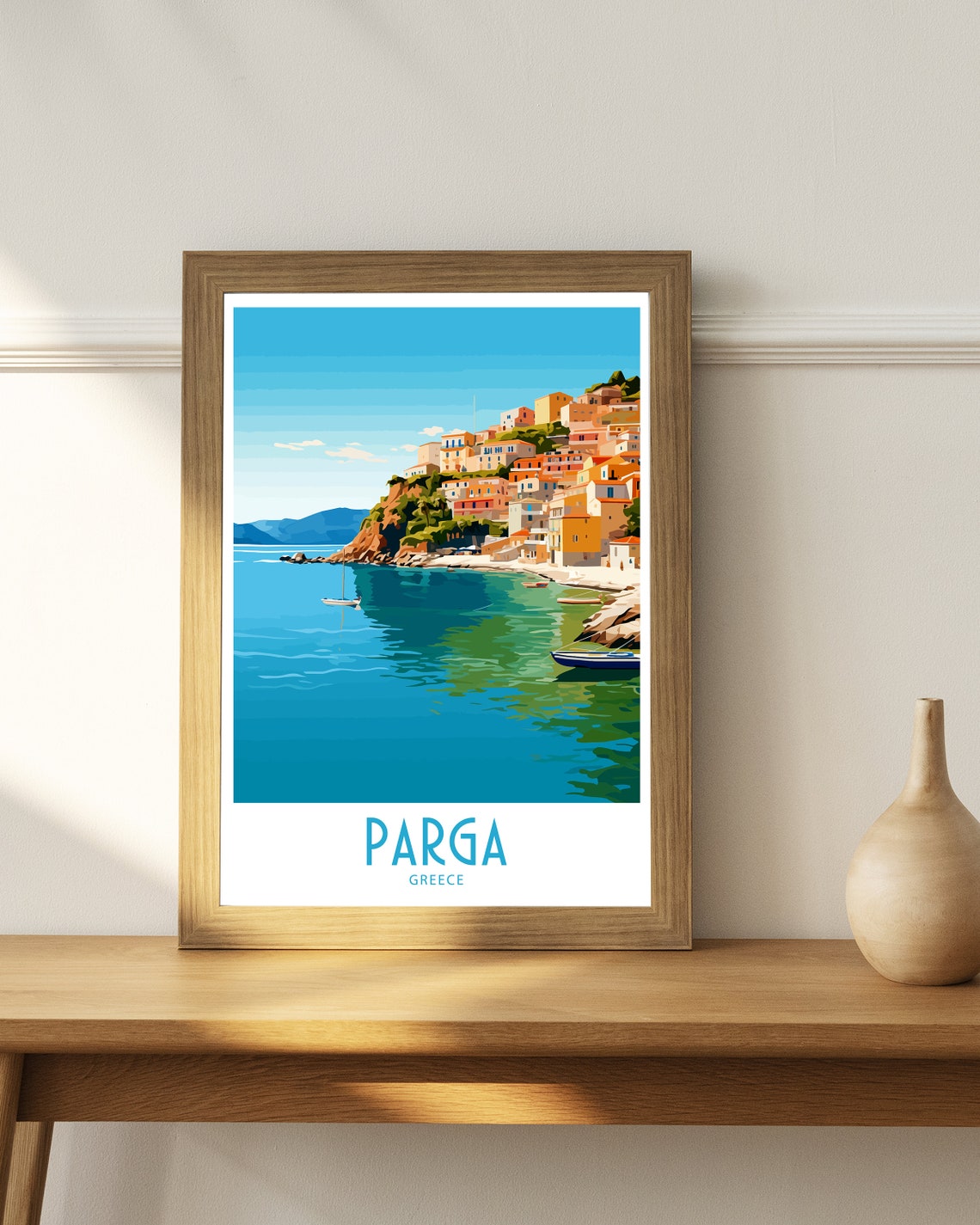 Parga Greece Cliffside Town Turquoise Bay Sailboats Travel Art Poster - Image 4