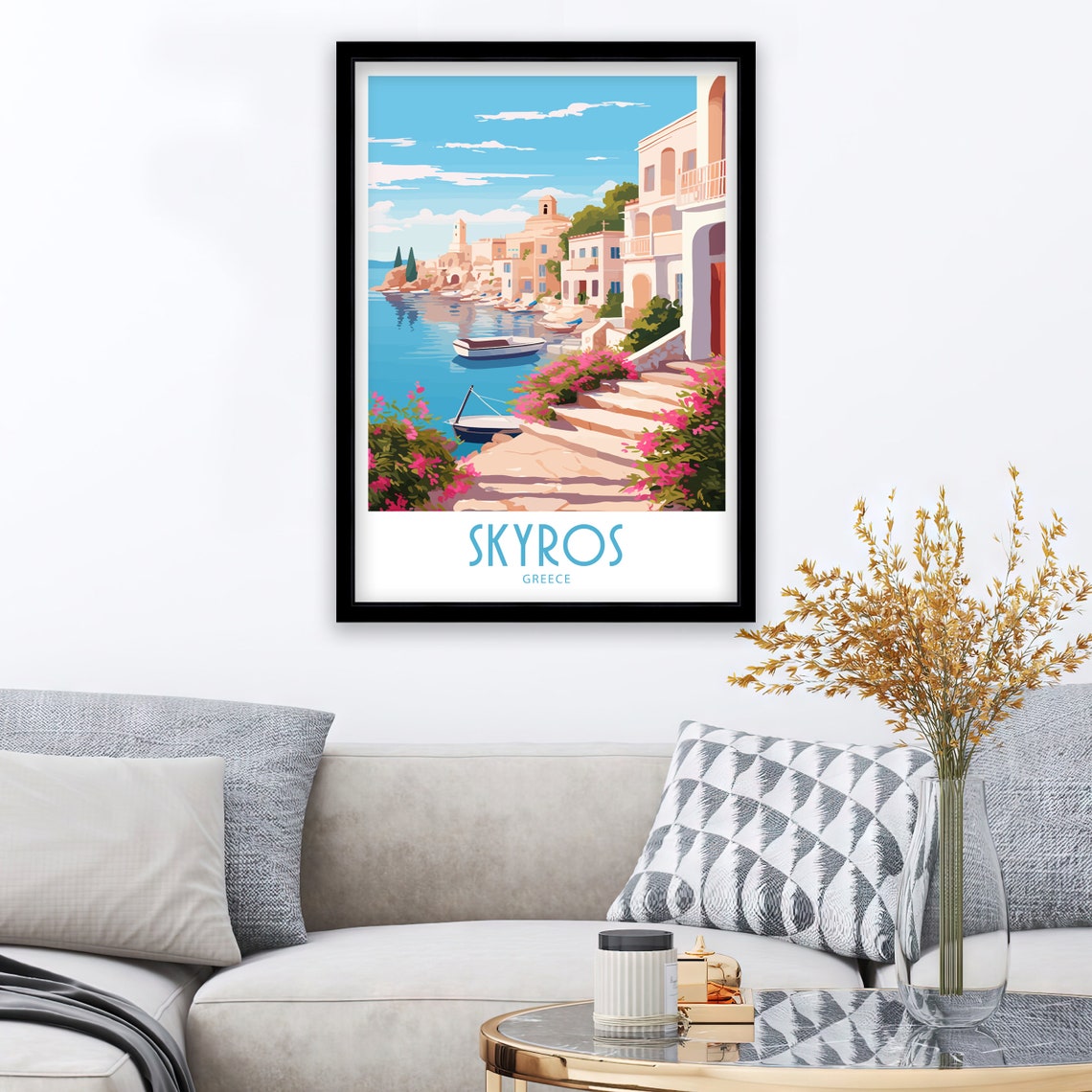 Skyros Greece Colorful Harbor Boats Pastel Waterfront Houses Poster - Image 3