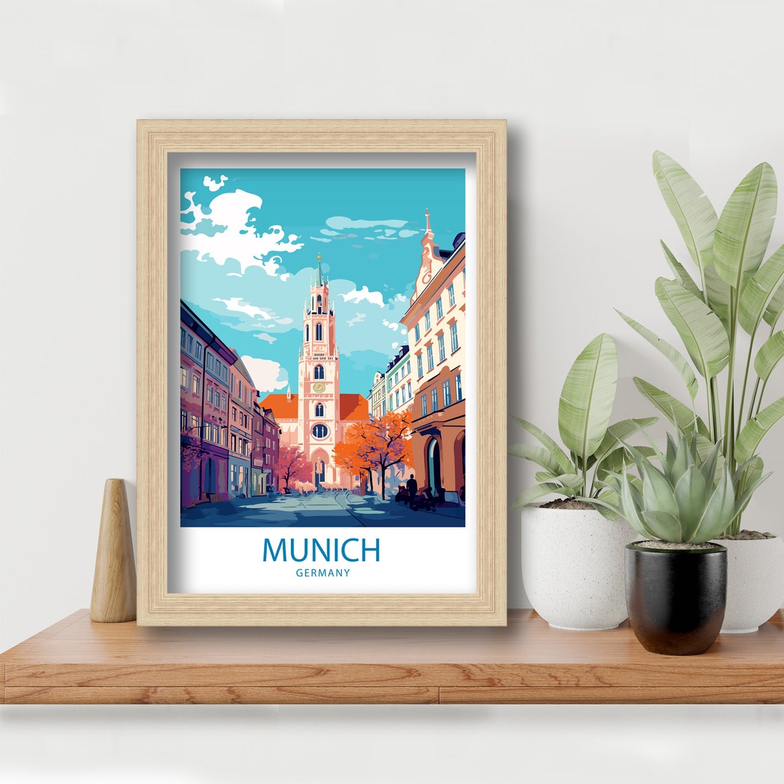 Munich Germany Old Town Clock Tower Autumn Street Travel Poster