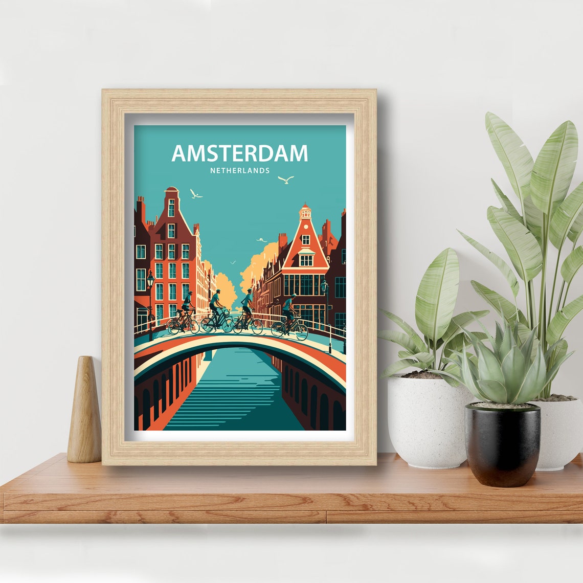 Amsterdam Netherlands Canal Bridge Cyclists Retro Travel Poster - Image 5