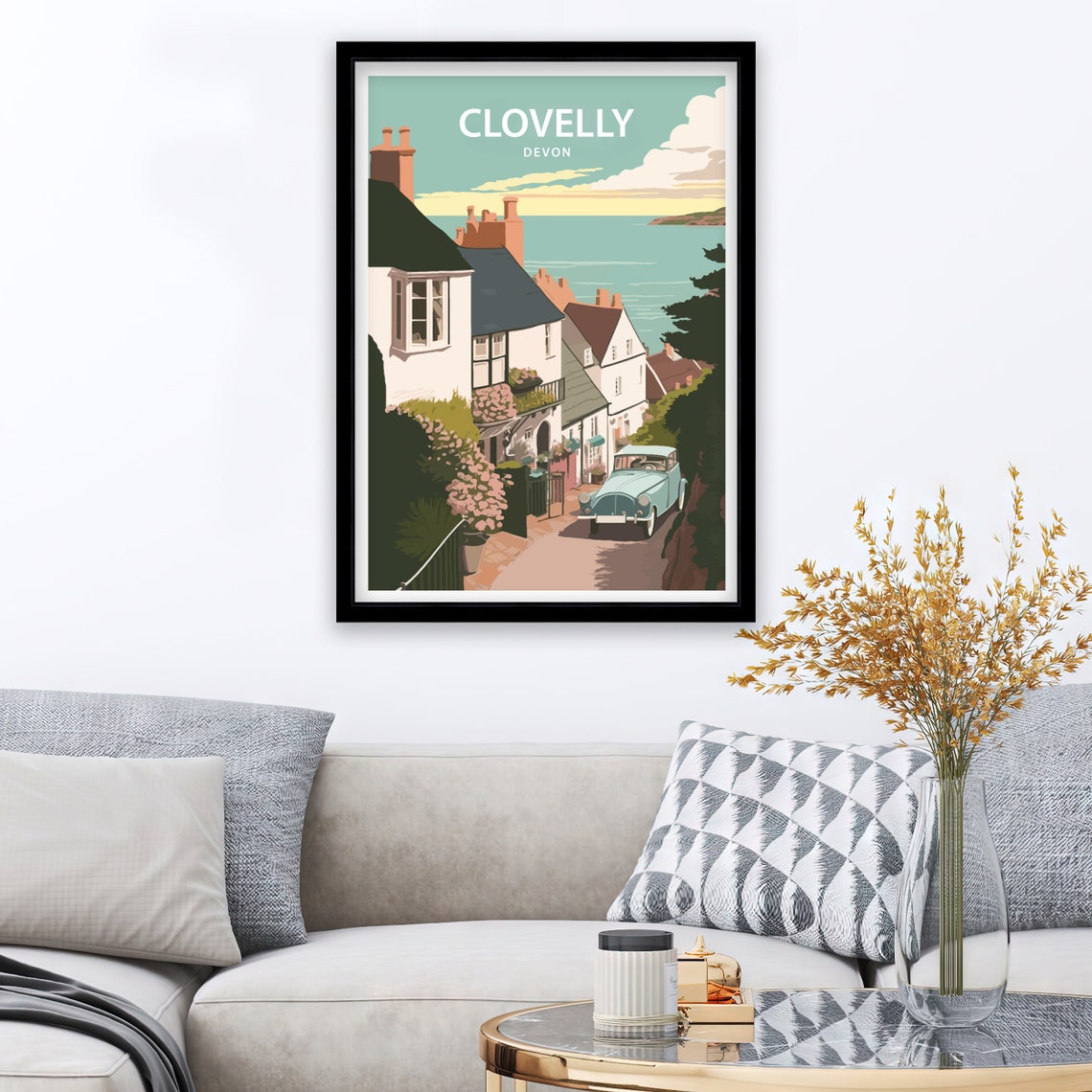 Clovelly Devon Steep Cobbled Street And Vintage Car Sea View Poster - Image 3