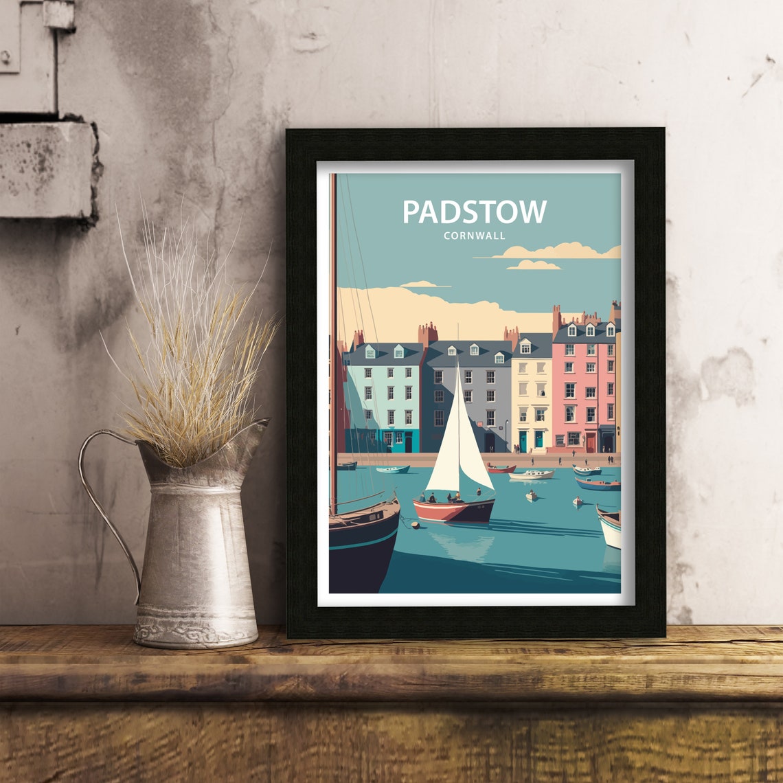 Padstow Cornwall Harbor Sailboats Pastel Buildings Travel Poster - Image 4