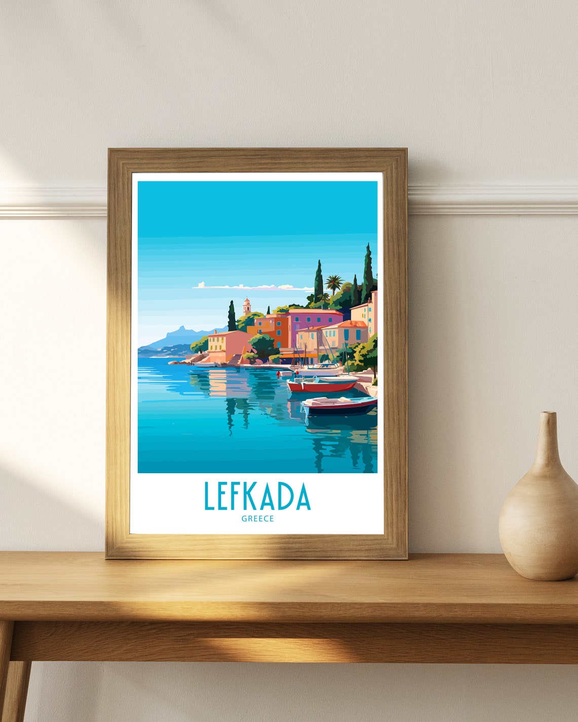 Lefkada Greece Calm Waterfront Sailboats Retro Travel Poster - Image 4