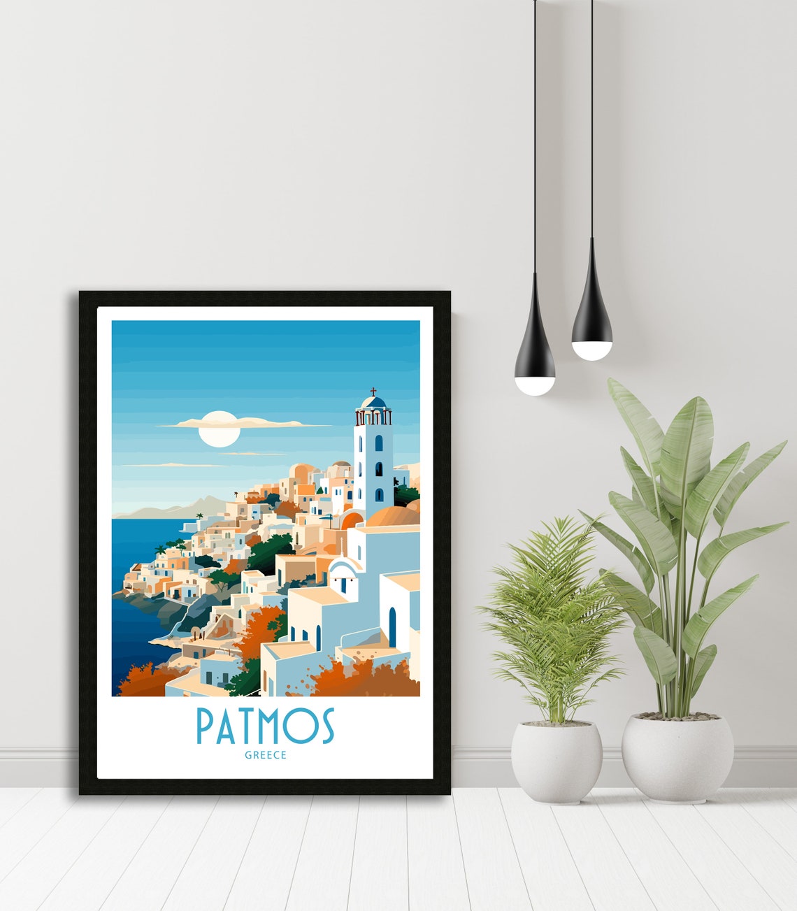 Patmos Greece Hillside Town Bell Tower Moon Over Sea Travel Art Poster - Image 5