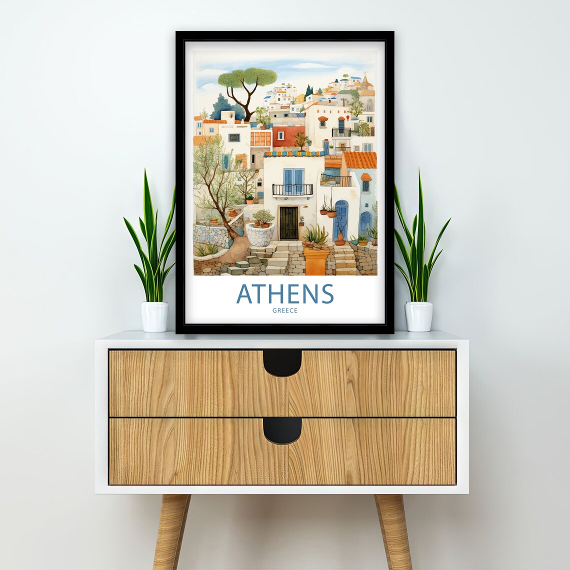 Athens Greece Whitewashed Village Lane Watercolor Travel Poster - Image 2