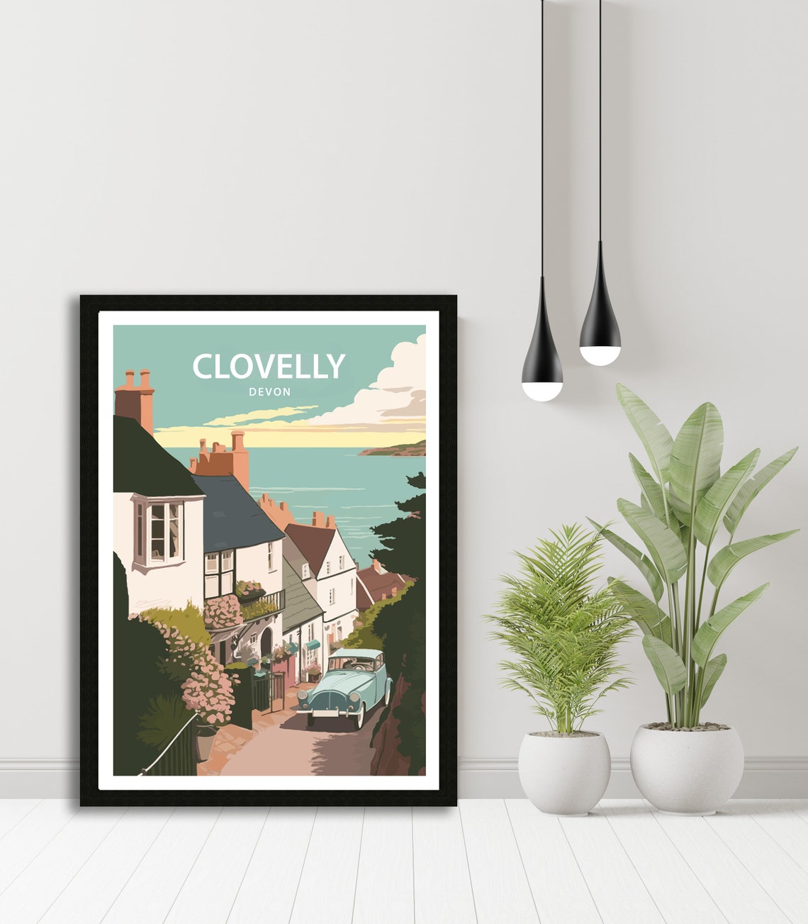 Clovelly Devon Steep Cobbled Street And Vintage Car Sea View Poster - Image 5