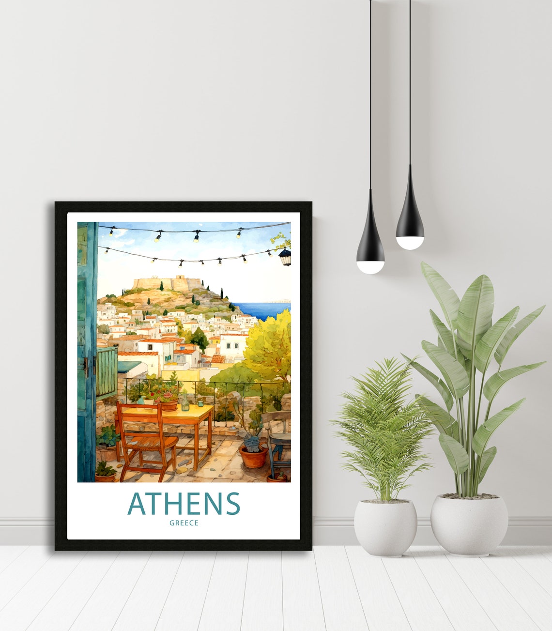 Athens Greece Terrace View Acropolis Old Town Watercolor Art Poster - Image 4