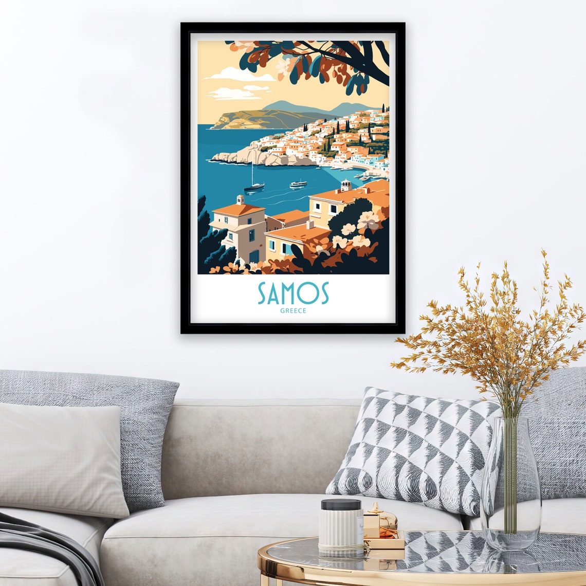Samos Greece Hillside Town Harbor Bay Sunset Vintage Travel Poster - Image 3
