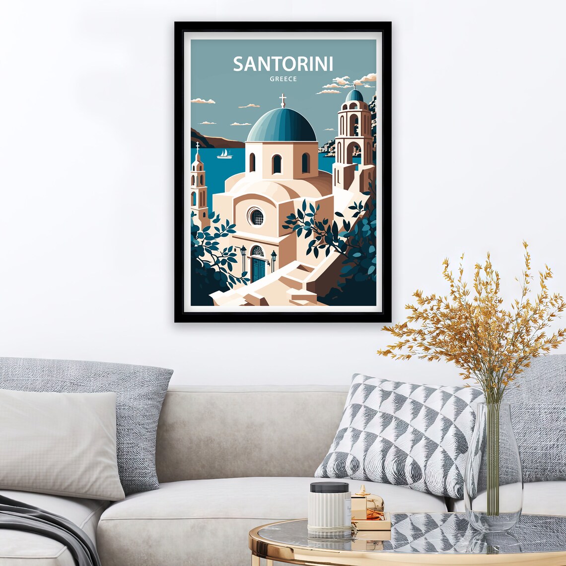 Santorini Greece Blue Dome Church Sea View Iconic Travel Poster - Image 2