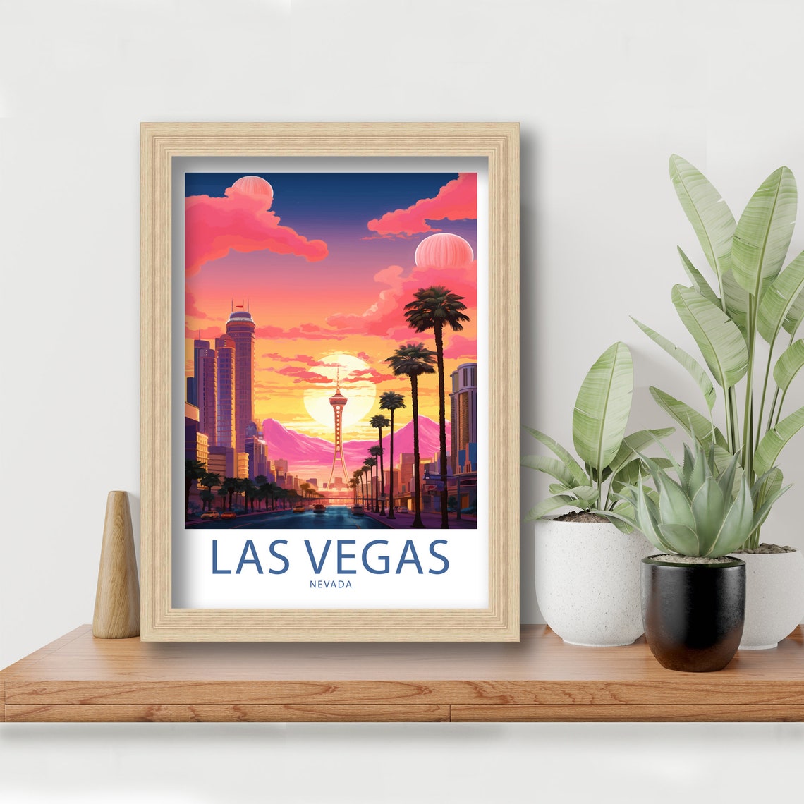 Las Vegas Nevada Sunset STRAT Tower Palm Trees Pink Sky Art Poster - Image 6