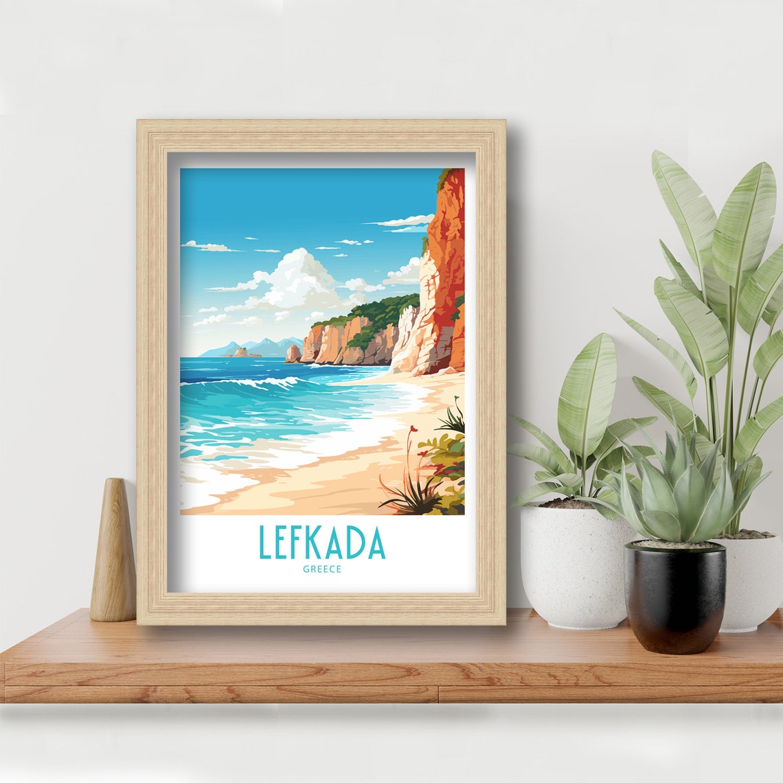 Lefkada Greece Red Cliffs Golden Sandy Beach Retro Travel Poster - Image 6