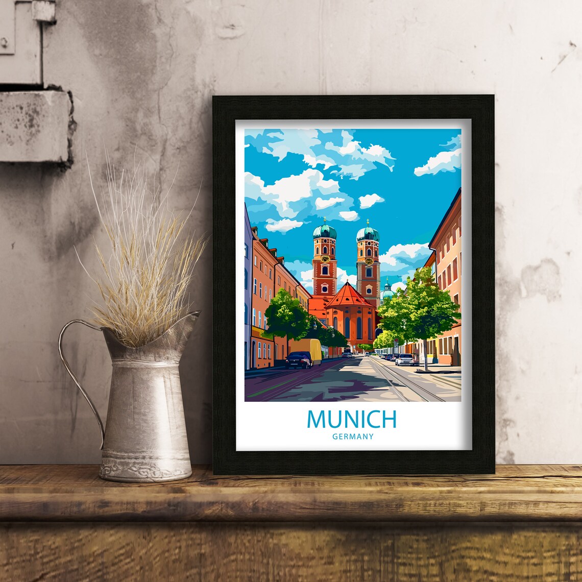 Munich Germany Frauenkirche Twin Domes City Street Travel Poster - Image 4
