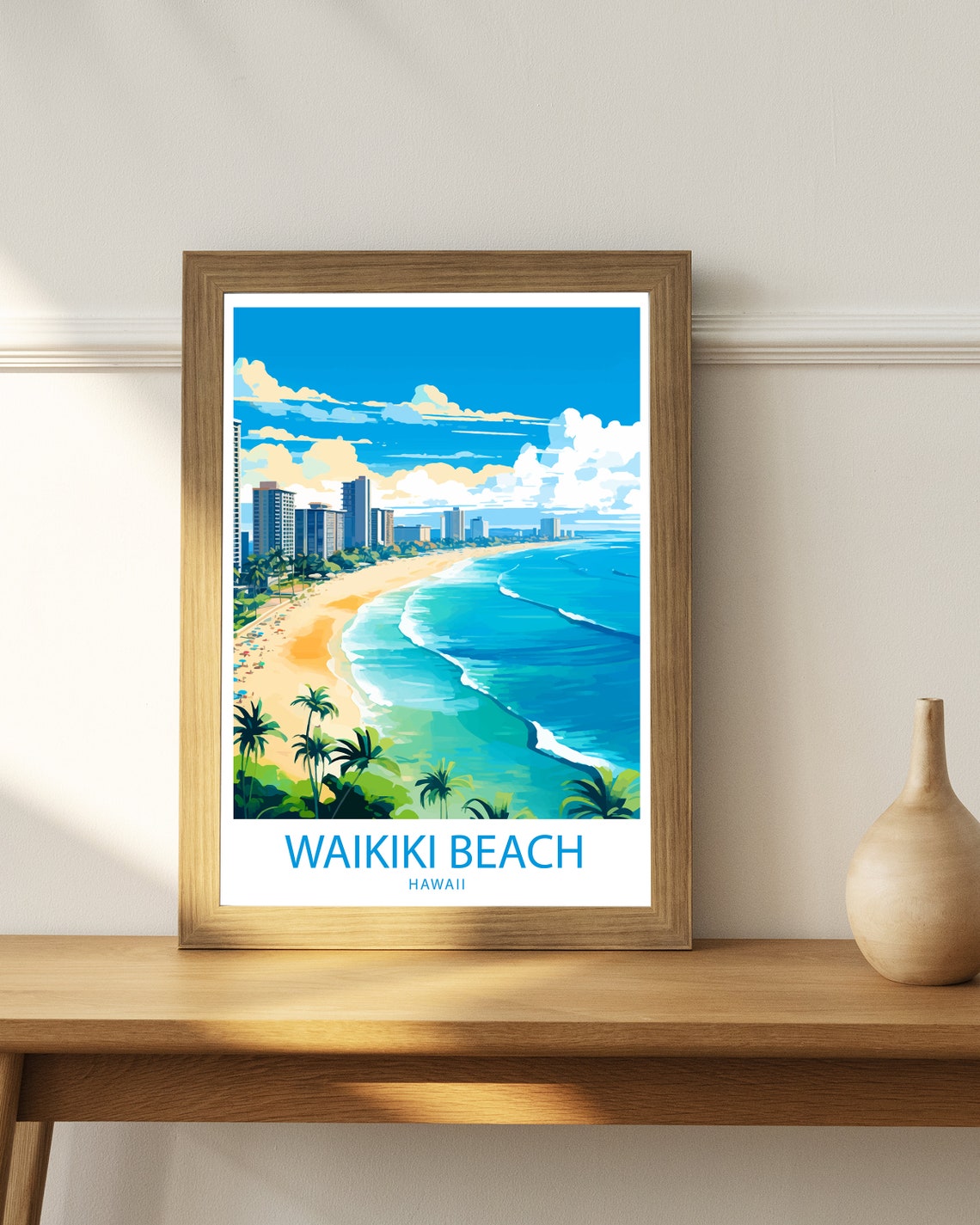 Waikiki Beach Hawaii Turquoise Shoreline Hotel Skyline Travel Poster - Image 3