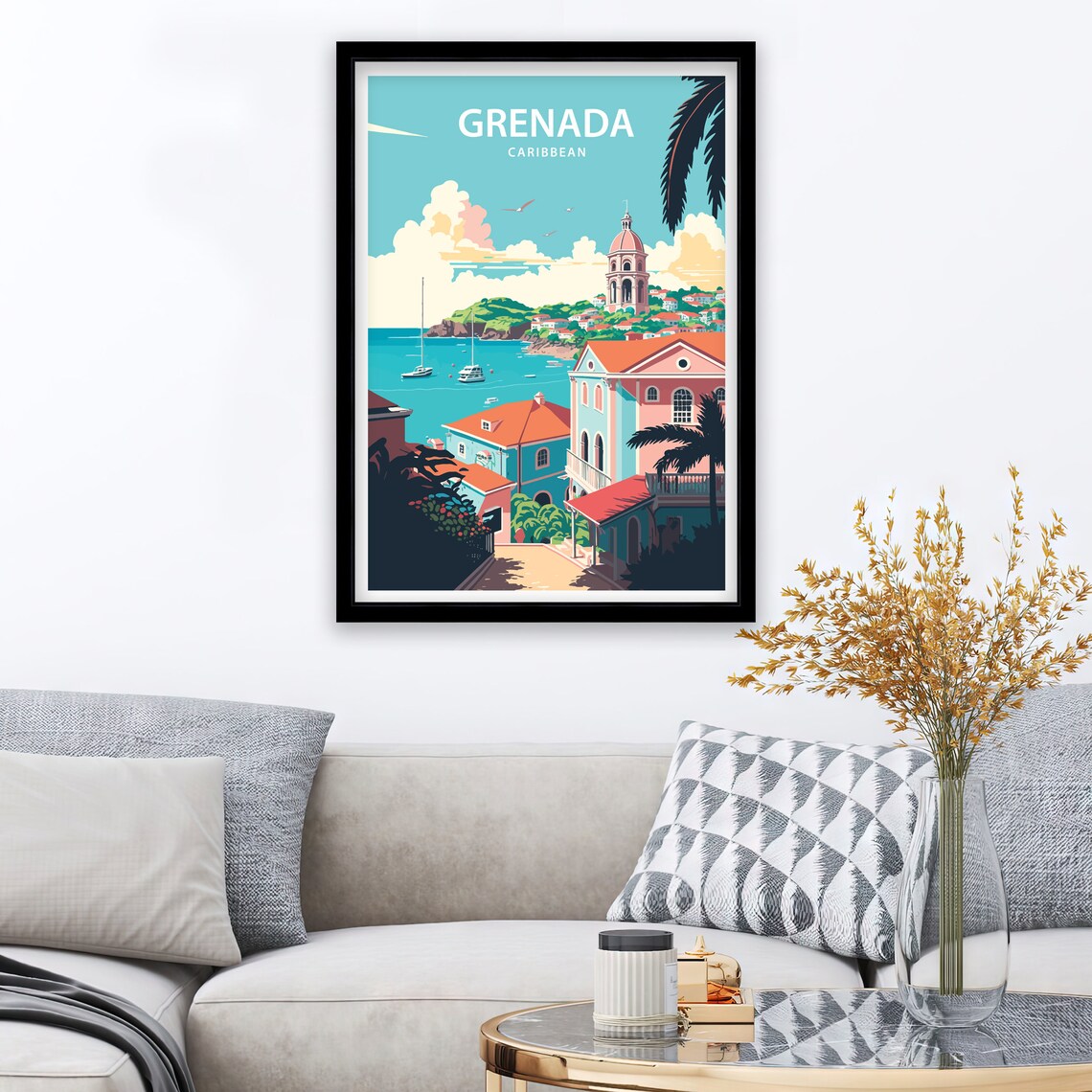 Grenada Caribbean Coastal Church Tower And Turquoise Bay Travel Poster - Image 2