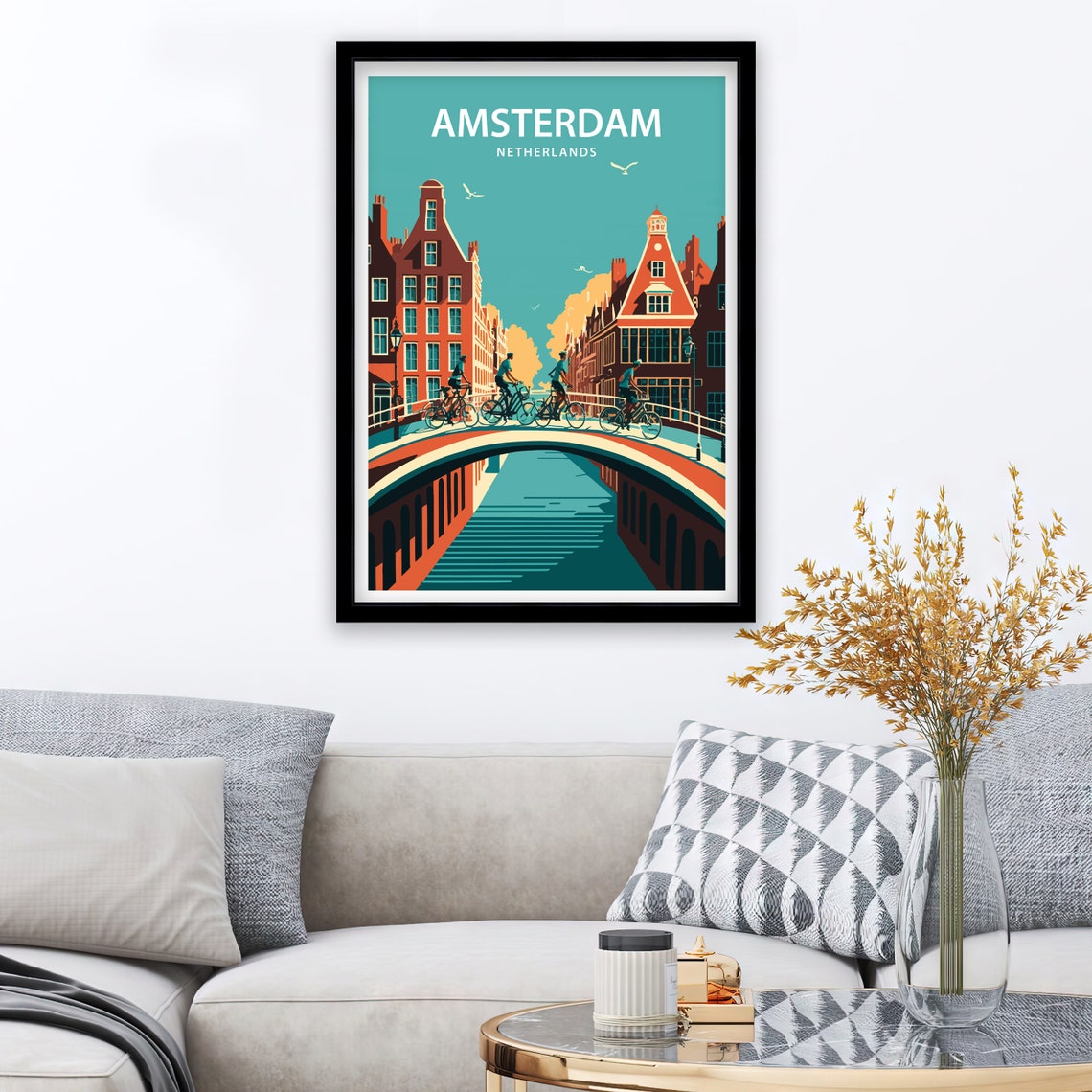 Amsterdam Netherlands Canal Bridge Cyclists Retro Travel Poster - Image 2