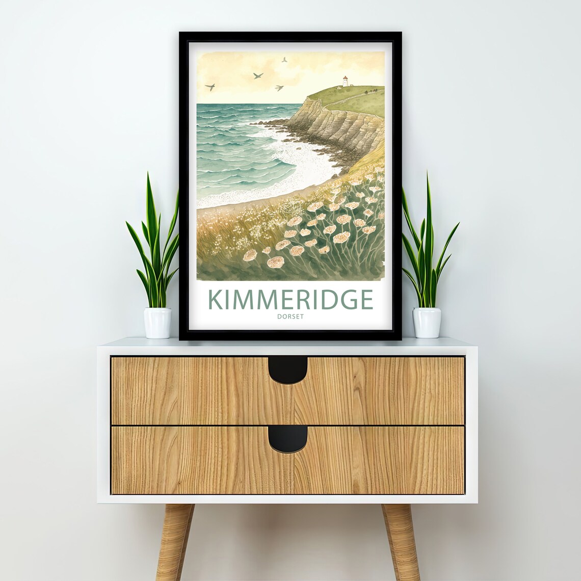 Kimmeridge Bay Dorset Cliffs Watercolor Lighthouse Wildflower Poster - Image 2